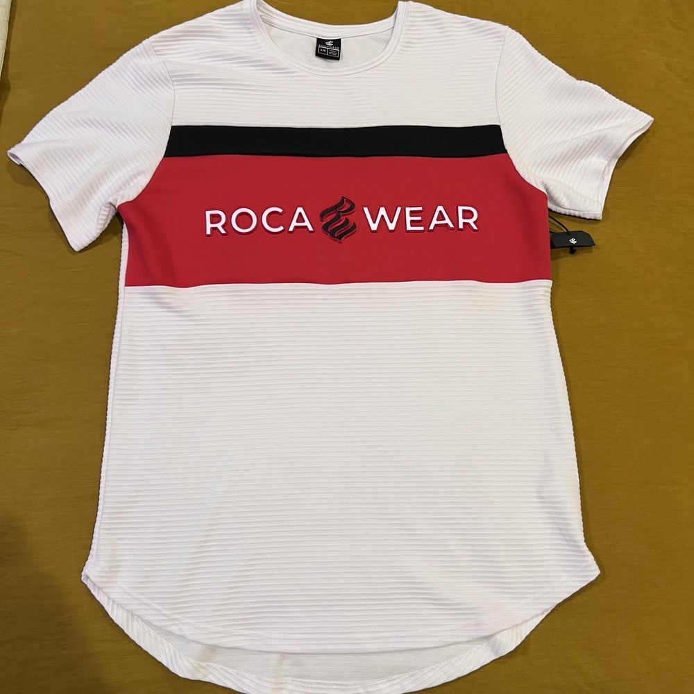 ROCAWEAR Men's Ribbed T-Shirt Large White Red Black Logo Curved Hem New